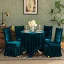 Velvet Chair Covers Set of 2 Retro Ruffle Flounces Trim Soft Decorative Luxurious Solid Malachite Green Farmhouse Vintage Washable Soft Stretch Dining Seat Slipcover Removable Parsons Chair Protector