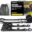 Rhino USA Ratchet Straps Heavy Duty Kit (4-Pack) - 1.6 Inch x 8 Feet Min Break Strength (5,000) - Ultimate Tie Down Straps with Safety S Hooks for Trucks, ATV, UTV, Motorcycle, Cargo & More - Black