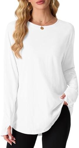 Mintreus Women's Long Sleeve Shirts Oversized Tunic Tops Crew Neck Cotton T-Shirts for women