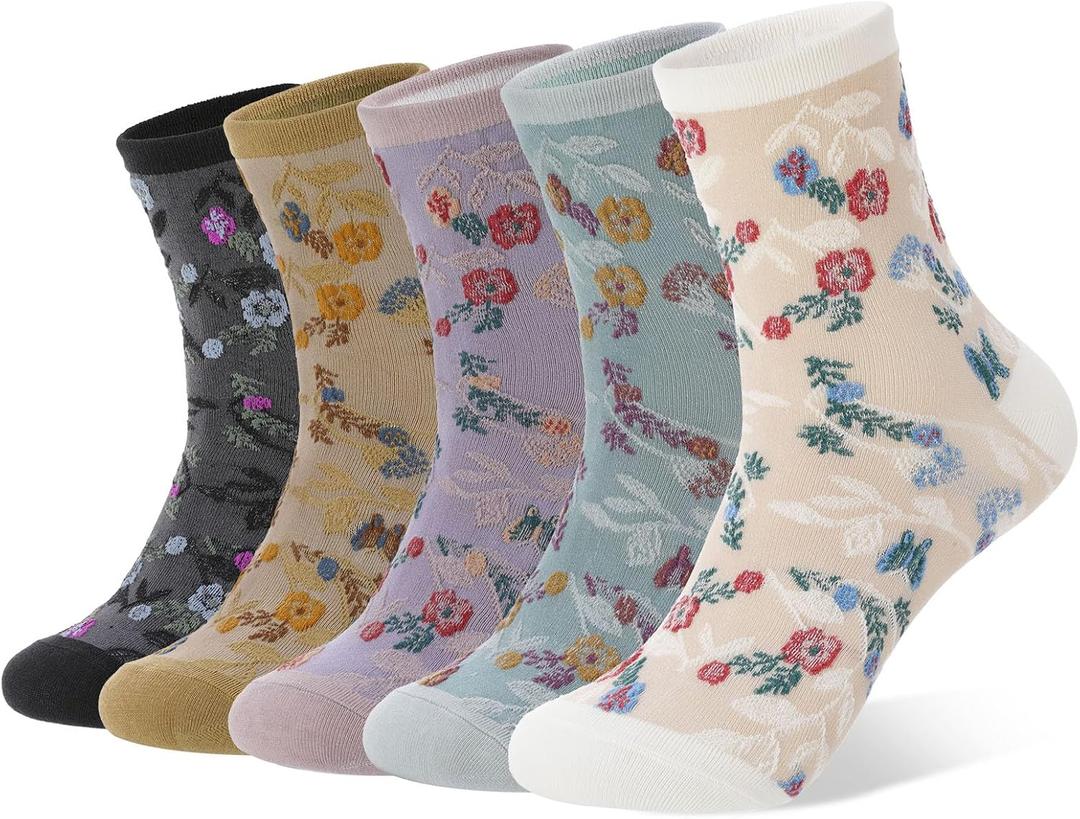 5 Pairs Frilly Socks for Women Lace Ruffles Ankle Casual Flower Floral Fancy Cute Cotton Socks for Daily Wear