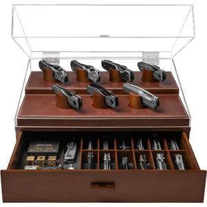 Premium Pocket Knife Display Case for 30 Knives - Large Wooden Knife Organizer, Storage & Holder with Unique Pillars, Hinged Cover, Drawer - Knife Collection Box - Handcrafted Birthday Gift for Men