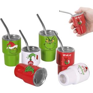 Mini Shot Glasses with Lids and Straws, 3 oz Cute Christmas Style Stainless Steel Insulated Sublimation Tumbler Cup for Drink Cocktail Bar Beach Party Gift (6 Packs)