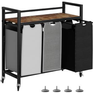 Laundry Hamper, Laundry Basket, Laundry Sorter with 3 Removable Bags, Clothes Basket with 3 Compartments, Wheels, Shelf for Laundry Room Bathroom Bedroom (3 Bags-Black Grey White)