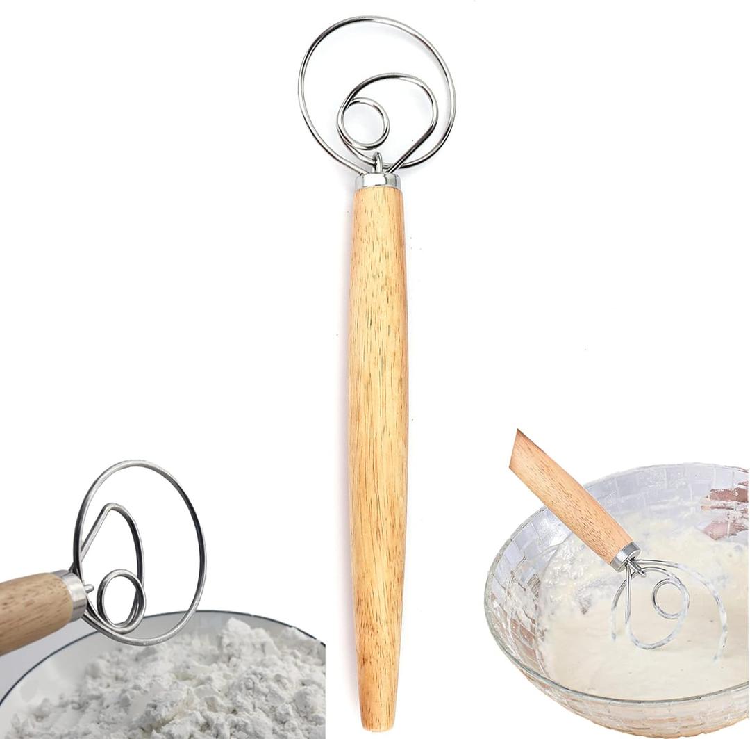2 x 13 Inch Danish Dough Whisk - Large Wooden Handle, Stainless Steel Ring - Traditional Dutch Whisk for Bread, Batter, Cake, Pastry