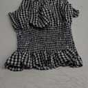 Women's Gingham Tie Shoulder Tank Tops Sleeveless Shirred Ruffle Hem Shirts (Large, Blue)