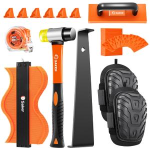 Saker Laminate Flooring Tools, 107-Piece Wood Flooring Installation Kit with 100 Flooring Spacers,Tapping Block with Handle, Pull Bar,10Contour Gauge,Rubber Mallet,Tape Measure,Protective Knee Pads Saker Laminate Flooring Tools, 107-Piece Wood Flooring Installation Kit with 100 Flooring Spacers,Tapping Block with Handle, Pull Bar,10Contour Gauge,Rubber Mallet,Tape Measure,Protective Knee Pads