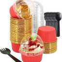 Large Cupcake Liners Baking Cups 50 Pack,LNYZQUS 5oz Foil Muffin Cups Muffin Tins,Disposable Ramekins Tins with Lids and Spoons,Cupcake Wrappers Holders for Wedding Bakery-Red in gold