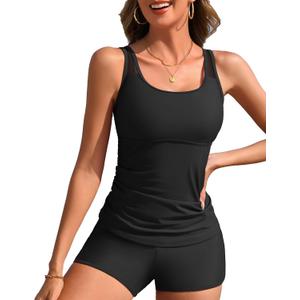 2 Piece Mesh Tankini Swimsuits for Women Tummy Control Bathing Suits with Short Modest Ruched Tankini Set (M, Black)