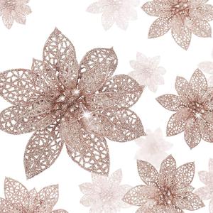Boao Rose Gold 24 Pieces Poinsettia Flower Christmas Glitter Artificial Poinsettia with Clips Christmas Tree Ornament Decorations for DIY Xmas Wreath Holiday Home Party Decor, 3/4/6 Inches