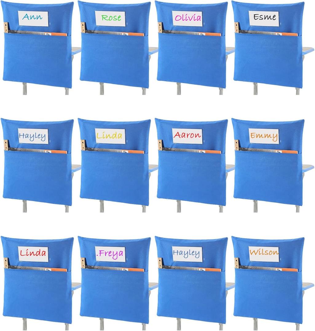 Sanwuta Set of 24 Chair Pockets for Classrooms - 19 x 17 Inch Student Chair Pockets with Name Tag Classroom Seat Organizer for Kindergarten Primary School Home (Blue)