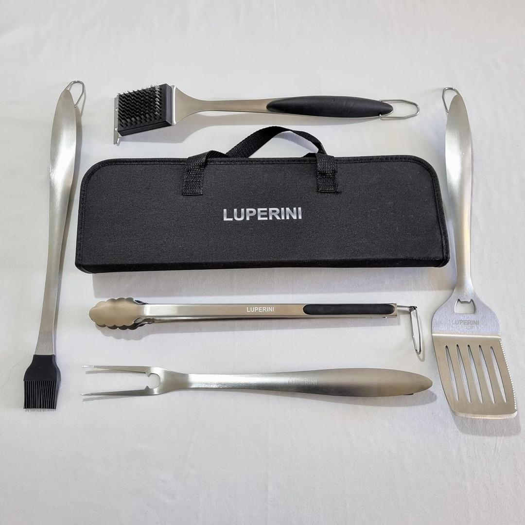LUPERINI. Barbecue Tool Set. 5-Piece Stainless Steel Grill Tool Set with Case. Turner Spatula, Fork, Spice Brush, Tong and Cleaning Brush for Restaurant, Hotel, Kitchen and Gift. Grilling Accessories