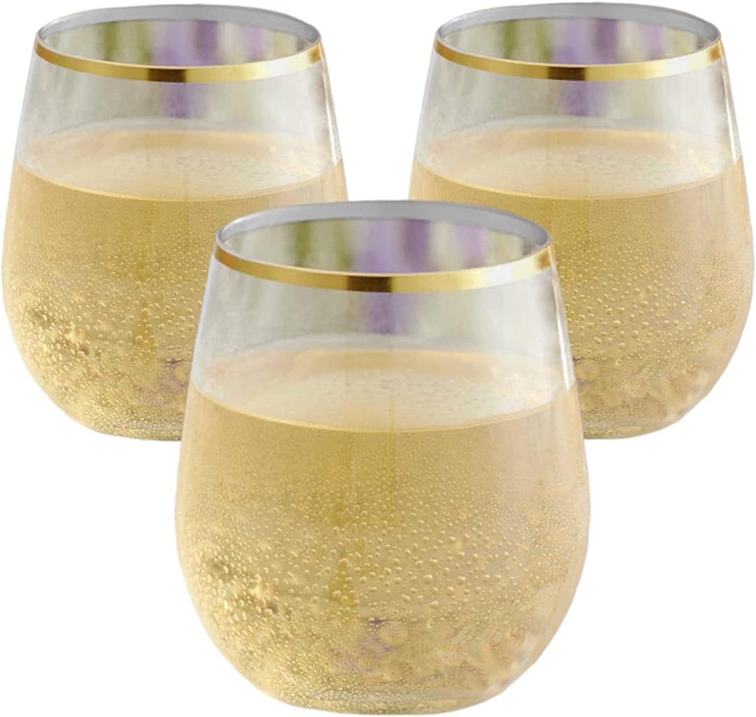 48 piece Stemless Unbreakable Crystal Clear Plastic Wine Glasses Set of 48 (10 Ounce - Gold Rim)