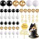 MEMOVAN Man Cake Topper 48PCS Balls Cake Toppers with Black Gold White Ball Happy Birthday and Numbers 0-9 Cake Insert Topper Black Gold Cake Decoration for Man Boy Black Theme Baby Shower Bday