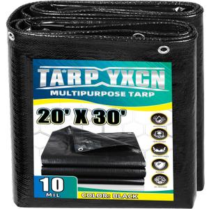 Black Tarp 20x30 Feet, 10 Mil Thick Waterproof Poly Tarps Cover UV Resistant, Rip & Tear Proof with Metal Grommets Every 20 Inches