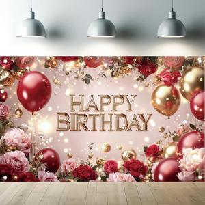 Red and Gold Happy Birthday Backdrop Banner, Elegant Roses Balloons, Photography Background, Birthday Party Decorations, Photo Booth Props, Supplies 71x43 Inch