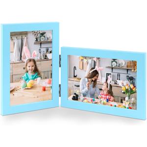 Vertical Horizontal Combo, Double 5x7 Soft-Blue Wood Foldable Picture Frame, Opening 4.5x6.5, Desktop or Wall Mounted, Portrait and Landscape View