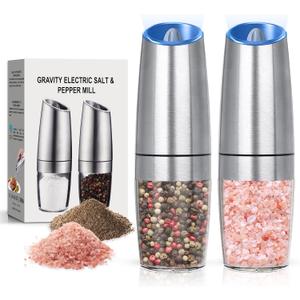Battery Operated Salt And Pepper Grinder Set with LED Light, Automatic Electric Gravity Salt And Pepper Shakers Set, Each 6 AAA Batteries Needed, Adjustable Roughness, 2 Pack (Silver)