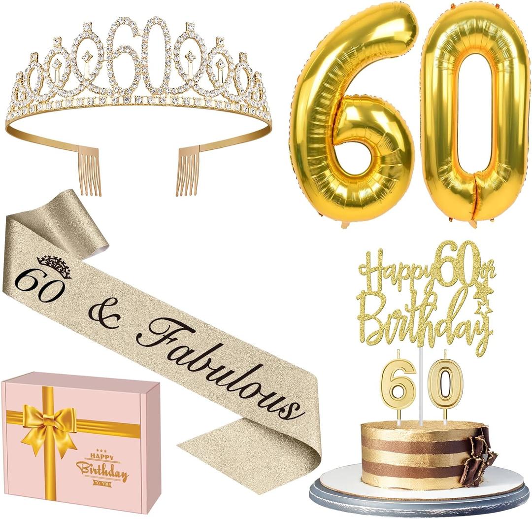 60th Birthday Decorations for Women Gold with 60th Birthday Sash and Tiara, Cake Topper and Candles,Number Balloons, 60 Year Old Gifts for Women