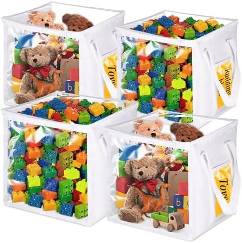 EVELOMO 4 Pack 12" Toy Storage Bins, Extra Large Cube Toy Organizers, Foldable PVC Boxes with Handles & Zipper, Toy Organizer for Kids Playroom, Blocks, Clothes, Stuffed Animal Storage(White)