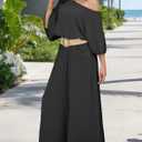 2-Piece Sets for Women Flowy Wide-Leg Pants with Elegant Off-Shoulder Lantern Sleeve Blouse Set (Black, XXL)