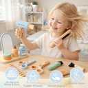 Wooden Makeup Toy Set with Storage Bag, 15PCS Hair Salon Toys for Girls, Wooden Hair Salon Play Set with Mirror & Hair Dryer, Pretend Makeup for Toddlers 3-5, Play Hair Styling Set Birthday Gift