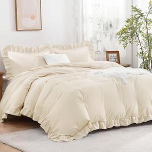 Andency Beige Ruffle Duvet Cover Full(79x90Inch), 3 Pieces Ruffled Farmhouse Shabby Chic Duvet Cover for Girls Kids Women, Soft Polyester Duvet Cover Set with Zipper Closure & Corner Ties