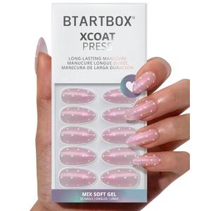 BTArtbox Press On Nails Almond - Polka-Dot Dress, Lamp-Curable 3D Polka Dot Glitter Medium Press On Nails with Glue and Adhesive Tabs for Women in 16 Sizes - 32 Nails All-in-One Kit