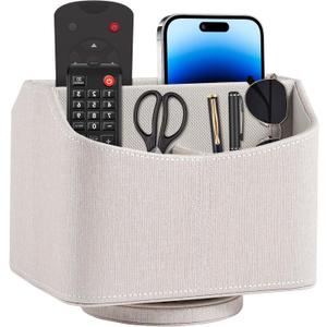 Leather Remote Control Holder 360 Degree Spinning,Desk Rotating Organizer/Caddy for TV Remote Controllers,Pen,Calculator Media Player,DVD,Office Supplies,Mobile Phone Storage Box (Beige)