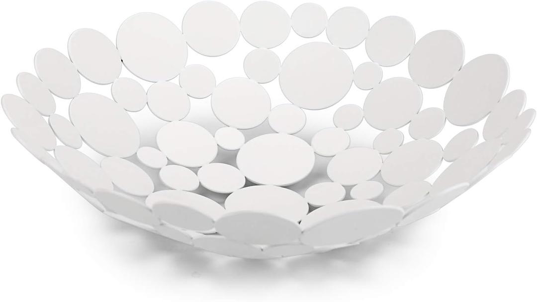 OwnMy Metal Fruit Bowl Basket Creative Table Centerpiece Fruit Stand Decorative Countertop Fruit Holder for Kitchen Counter, Iron Large Fruit Plate Round Storage Tray for Bread Snacks Candy (White)