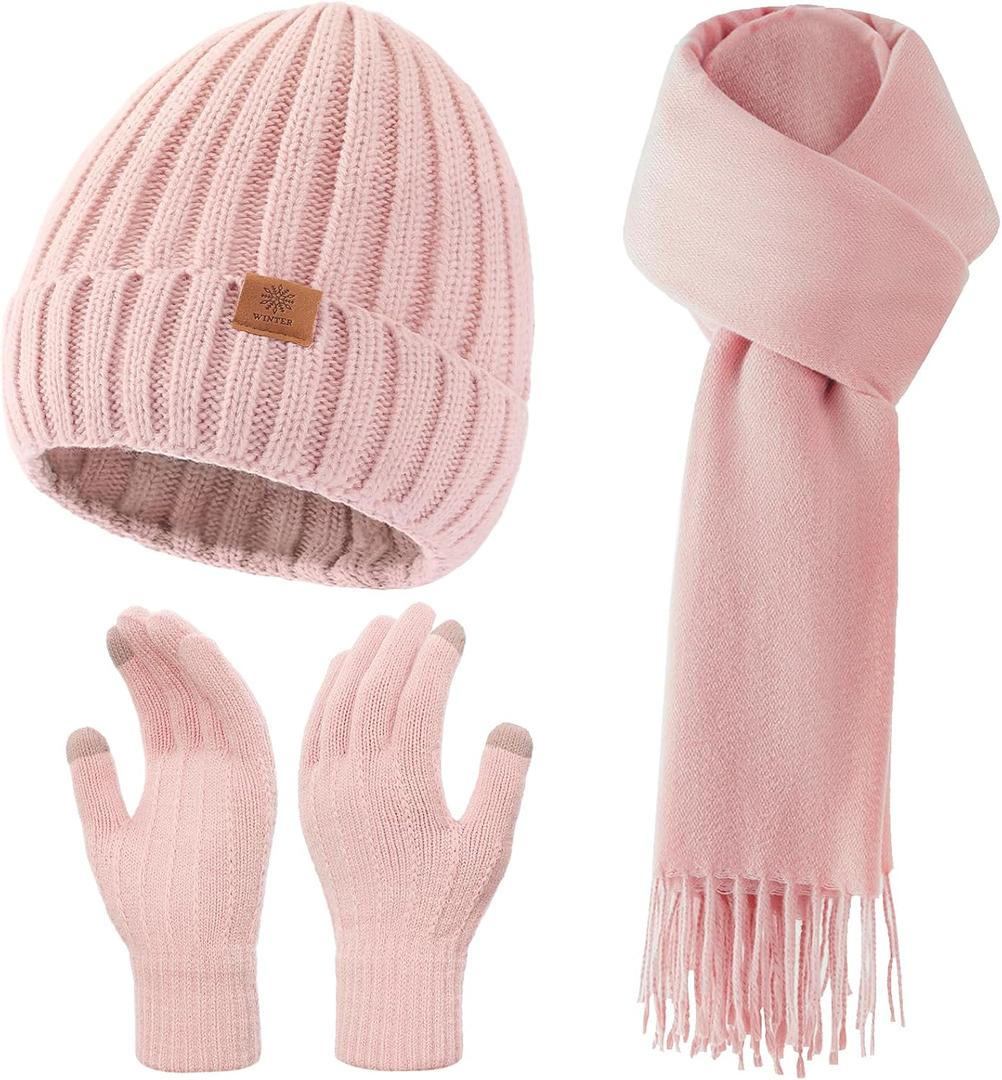 Women Winter Hat Beanie+Long Scarf+Touch Screen Gloves Set, Warm Clothes Set with Knit Fleece Lined for Women/Men Winter (Pink)