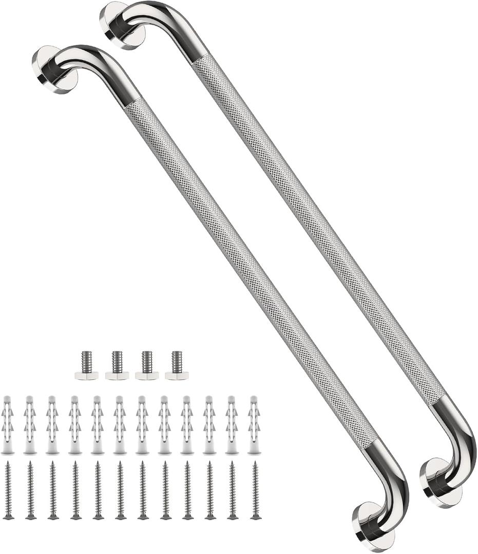 2 Pack 32 Inch Anti Slip Shower Grab Bar Handles, ZUEXT Chrome Stainless Steel Knurled Bathroom Balance Bar, Safety Hand Rail Support,Handicap Elderly Injury Senior Assist Bath Handle(1.25" Diameter)