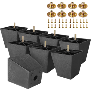 M8-1.25 Metric Thread Bolts Plastic Furniture Legs 4 Inch Black Square Sofa Feet with Plate Nuts - Couch Feet Replacement - Couch Legs Set of 8