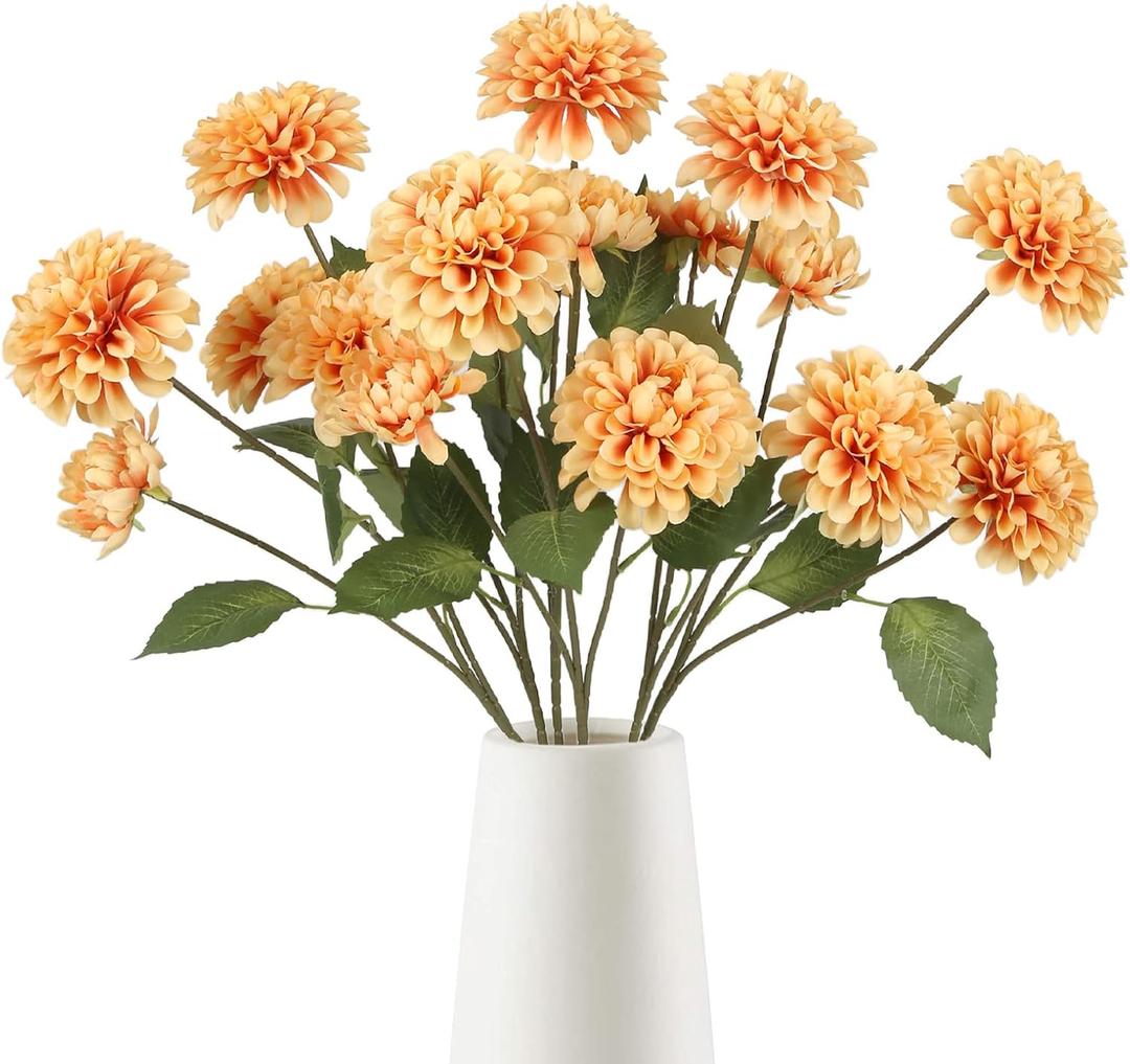 6PCS Dahlia Artificial Flowers with 3 Heads 29in Long Stem Faux Dahlia Silk Flowers Fake Dahlia Bouquets for Wedding Home Baby Shower Table Centerpieces Decor Floral Arrangements (Orange)