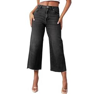 Sidefeel Womens Capri Jeans High Waisted Cropped Jeans Stretchy Straight Wide Leg Denim Pants Fall Fashion Outfits Size 6 Black