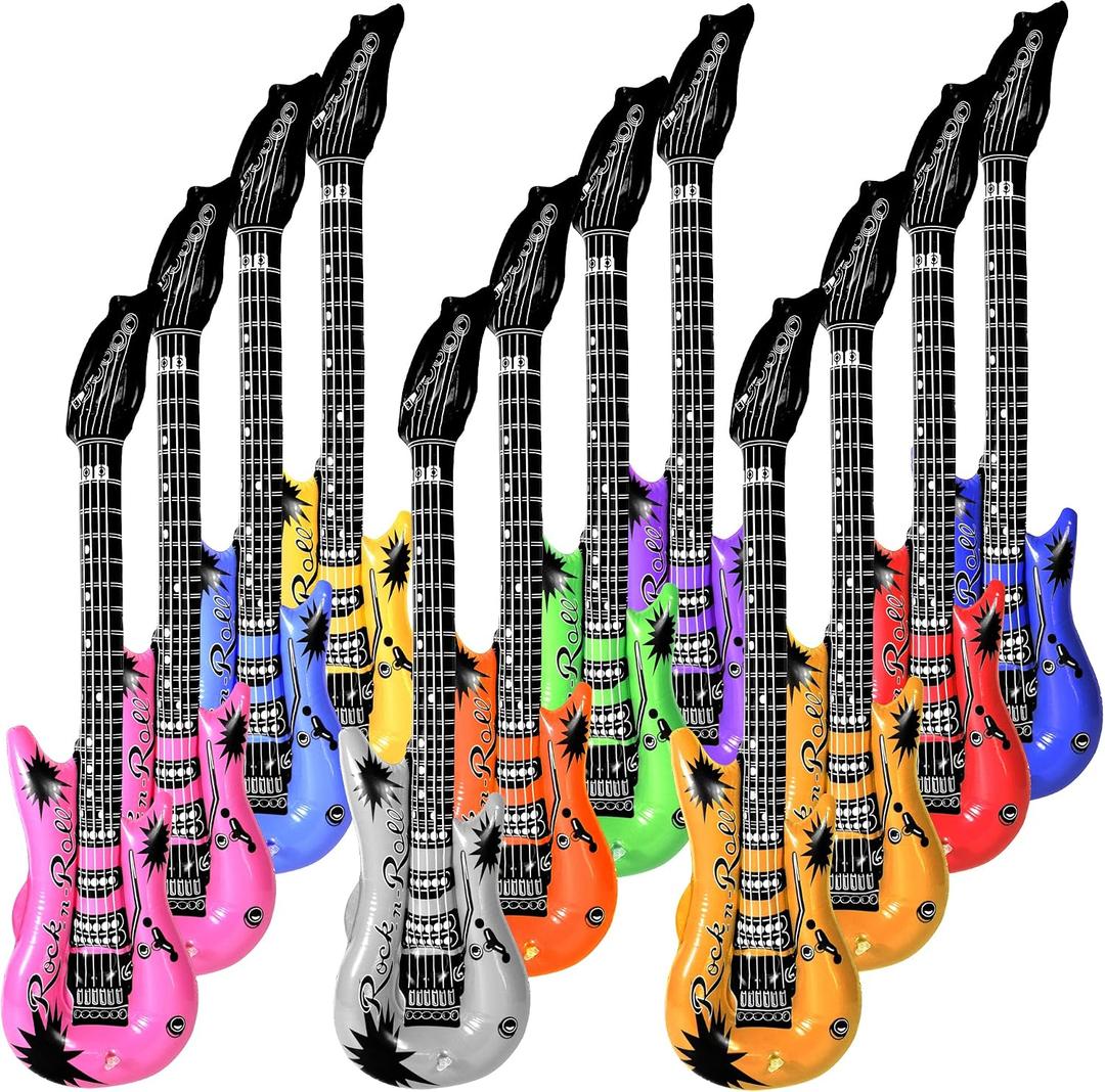 Novelty Place 12Pcs Inflatable Guitar for Kids - 35In Blow Up Electric Guitars Assorted Colors, Waterproof Inflatable Rock Star Guitar Toy for 80s 90s Musical Concert Themed Party Favor, Large