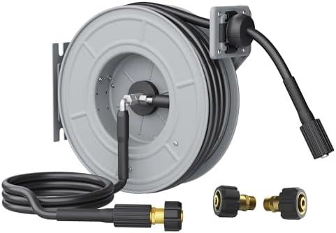 Giraffe Tools Pressure Washer Hose Reel, 1/4" x 65 ft Retractable Pressure Washer Reel, Heavy Duty Power Washer Reel, Any Length Lock, Auto Rewind, Wall Mounted, 3200 PSI, 2 * M22-15mm Connectors