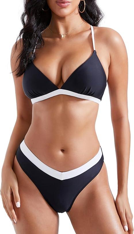 RXRXCOCO Women Triangle Bikini Sets Color Block Swimsuit Crisscross V Neck Bathing Suit , Size: XL, Color: Black and White
