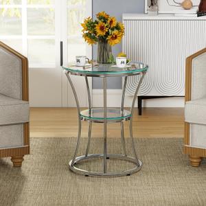 O&K FURNITURE Round End Table with Tempered Glass, Small Silver Side Table for Small Spaces, Nightstand with Shelf for Living Room, Bedroom, Office, Chrome Finish, 1 PC