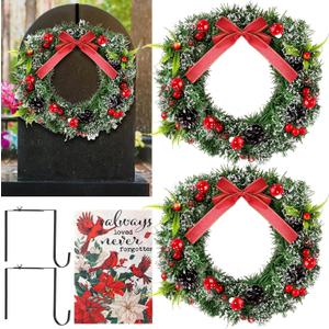 Norme 2 Pack Christmas Memorial Cemetery Wreath for Graves with Garden Flag 12.6in Xmas Grave Wreath Outdoor Cemetery Funeral Flower Stand for Memorial Day Winter Gravestone Decoration