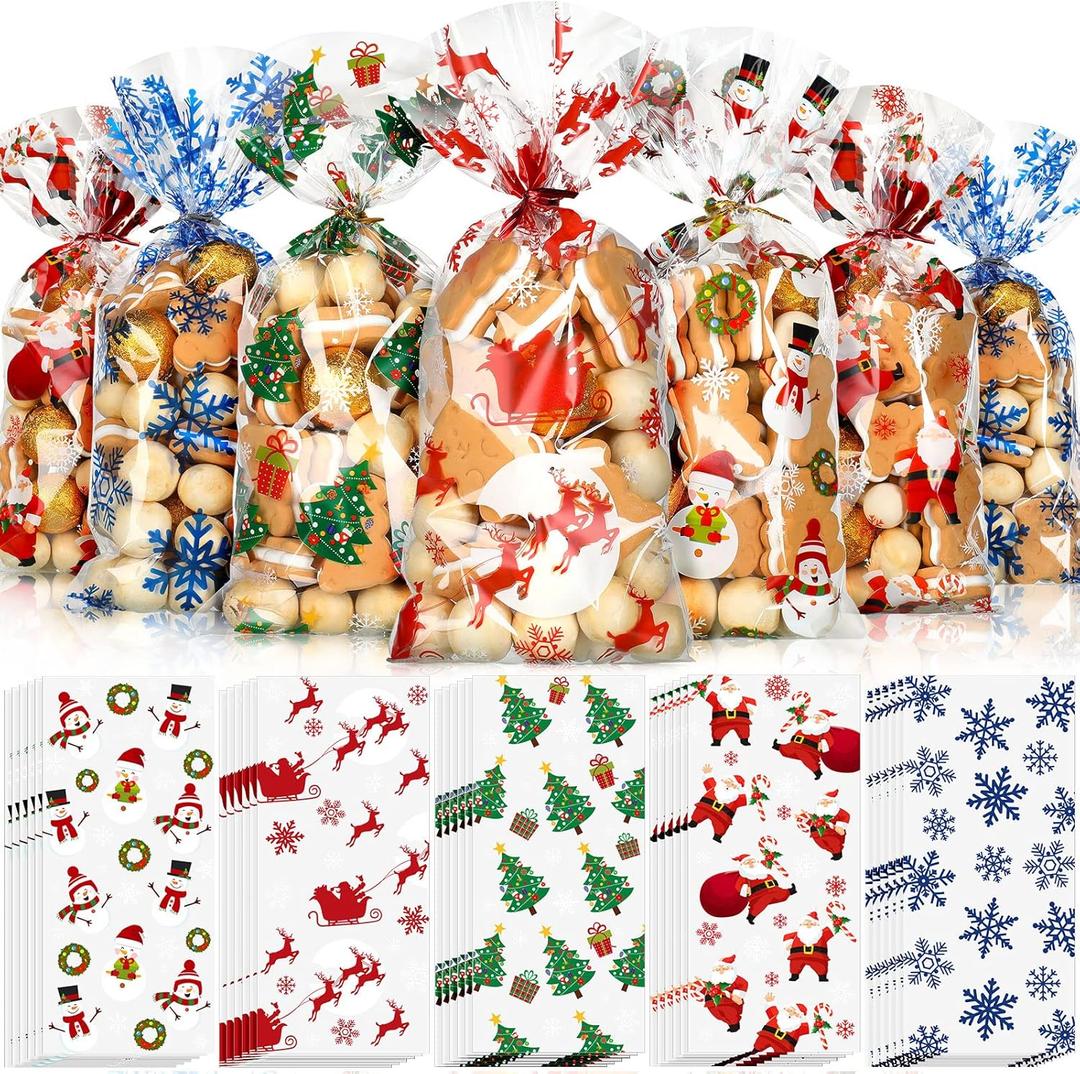 Outus 100 Pieces Christmas Cellophane Treat Bags, Plastic Christmas Cello Bags with Twist Ties for Candy, Cookie, Goodies, Gift Wrap, Xmas Party Favor Supplies