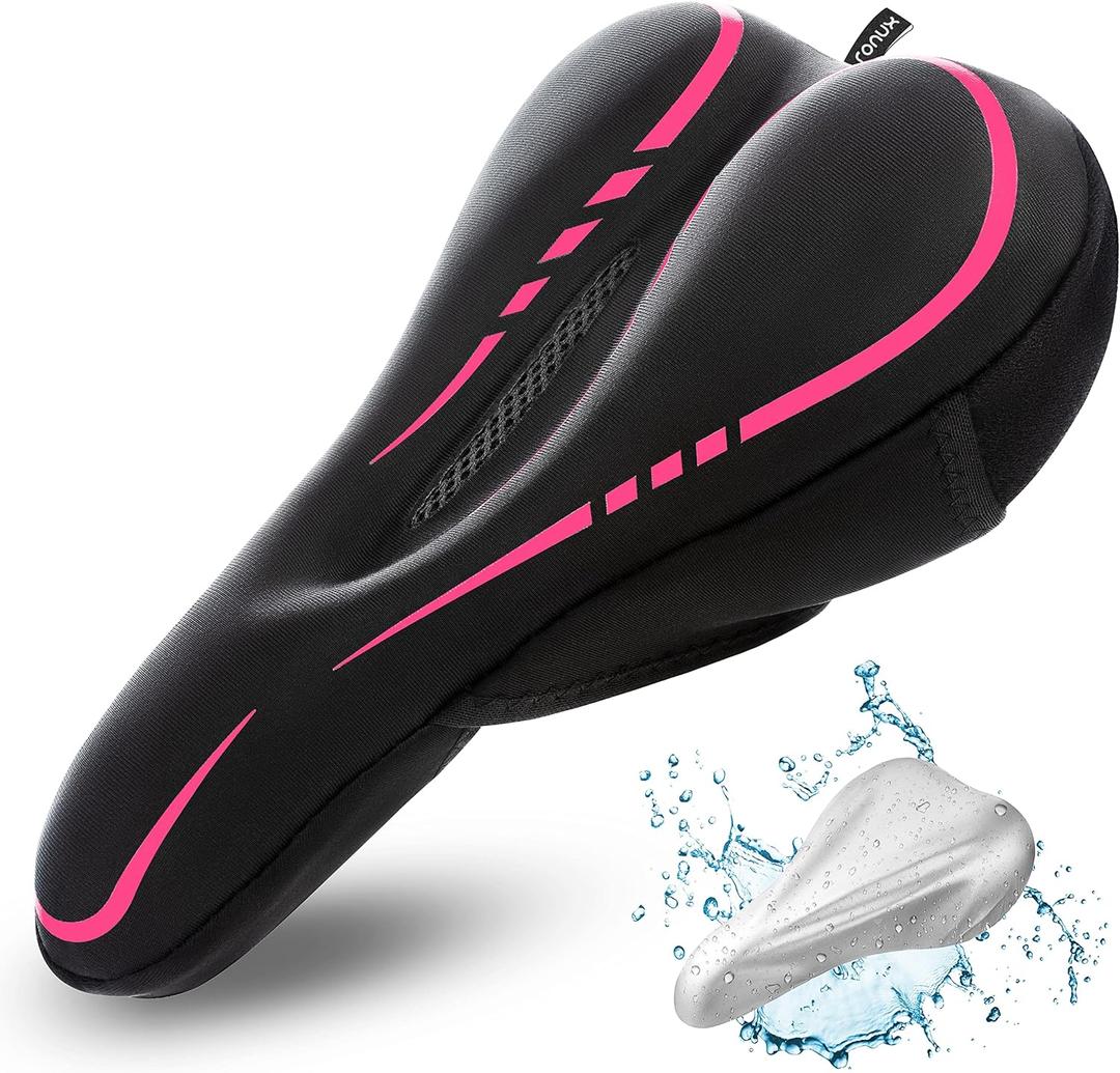 RONUX Narrow Gel Bike Seat Cushion - Extra Soft Comfy Bicycle Seat Cover - [ Extra Memory Foam & Gel ] for Peloton Bike, Stationary, Exercise, Electric, Road & Mountain Bikes - Women & Men Pink