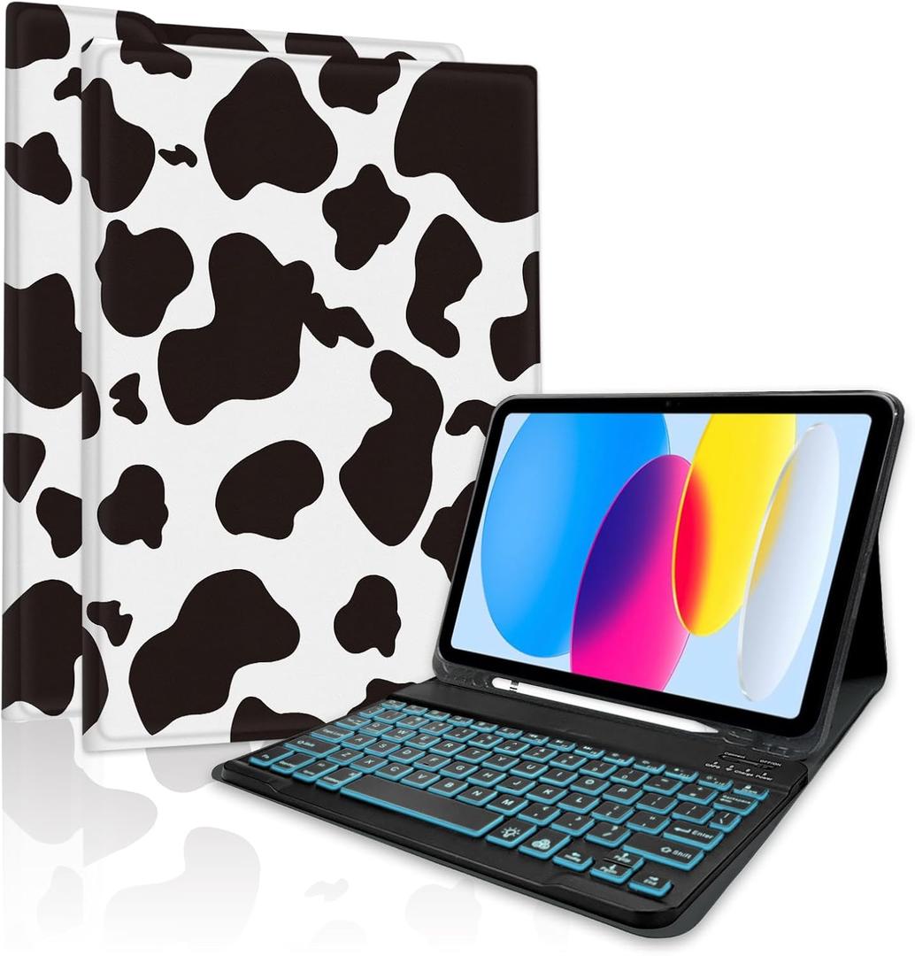 TopPerfekt for iPad Air 11-inch M2 2024/M3 2025 case with 7-Color Backlights Bluetooth Keyboard,Pro 11(4th,3rd,2nd,1st Gen 2022/2021/2020/2018) Pencil Holder for Air 4/5th 2020/2022 10.9"- Cow Black