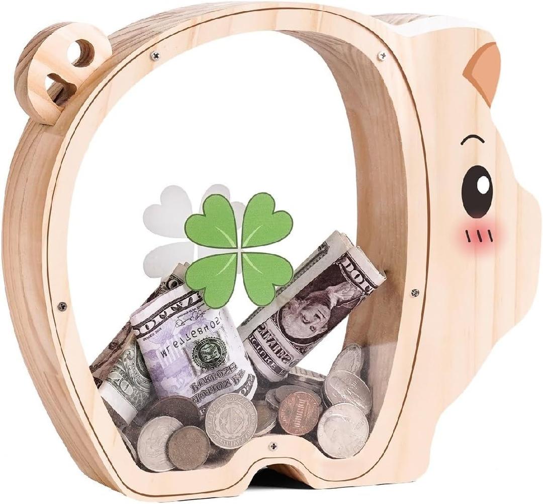 Wooden Pig Piggy Banks for Kids, Unbreakable Coin Bank for Kids with Letter Sticker, Wooden Cashbox Money Jar Personalize Birthday Gift, Educational Toy for Boys, Girls (Large)