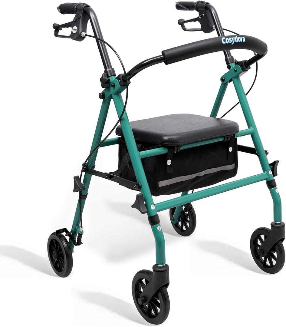 Cosydora Walkers for Seniors, Foldable Rollator Walkers with Seat, 6" All-Terrain Wheels, 350 lb Weight Capacity, Adjustable Handles and Seat Height, Lightweight Rolling Walker, Shimmer Green