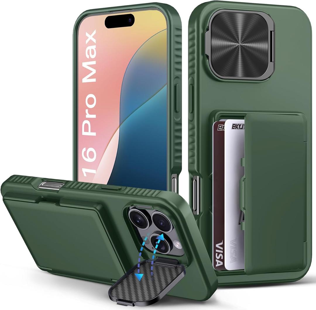 BXYJY for iPhone 16 Pro Max Wallet Case, Built-in Credit Card Holder (4-5 Cards), Camera Cover Stand, Military Grade Protection, Rugged Heavy Duty Men Protective Phone Case for iPhone 16Pro Max, Green