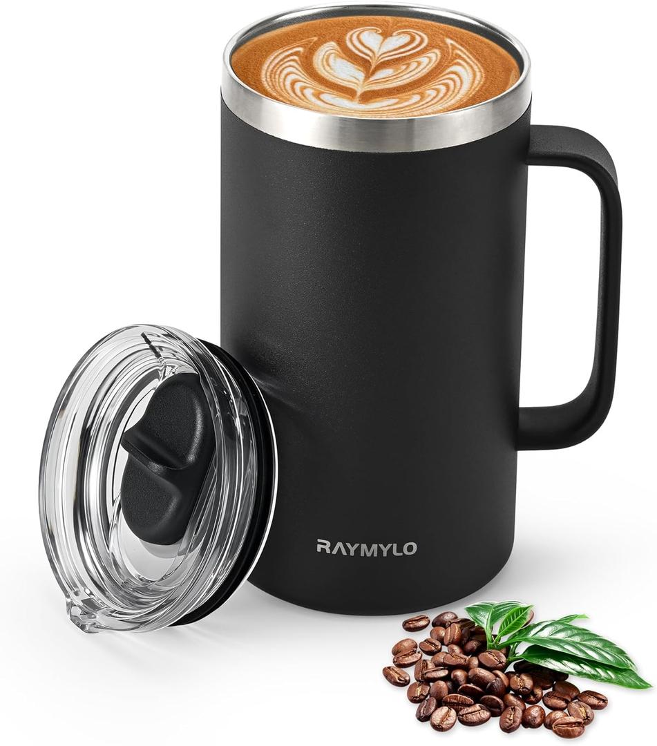 Insulated Coffee Mug 24 oz, Double Wall Stainless Steel Coffee Mug with Lids, Leak-Proof & Detachable Slider Lid for Thorough Clean, Keeps Coffee Cold for 9 Hrs, Suitable for Camp Home Office (Magic Black)