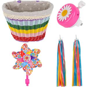 RidingRush Big Bicycle Basket for Girls, Kids Bike Front Handlebar Basket with Bell, Streamers and Pinwheel, Colorful Woven Basket for Toddler Girls Bike Accessories and Decoration (812 Age)