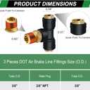 3/8" DOT Air Line Fittings Tee 3PCS, 3/8" Tube OD x 3/8" NPT Thread Tee Union PTC/PTCR & Brass Air Brake Push-To-Connect Fittings for Truck Trailers and Air Brake System