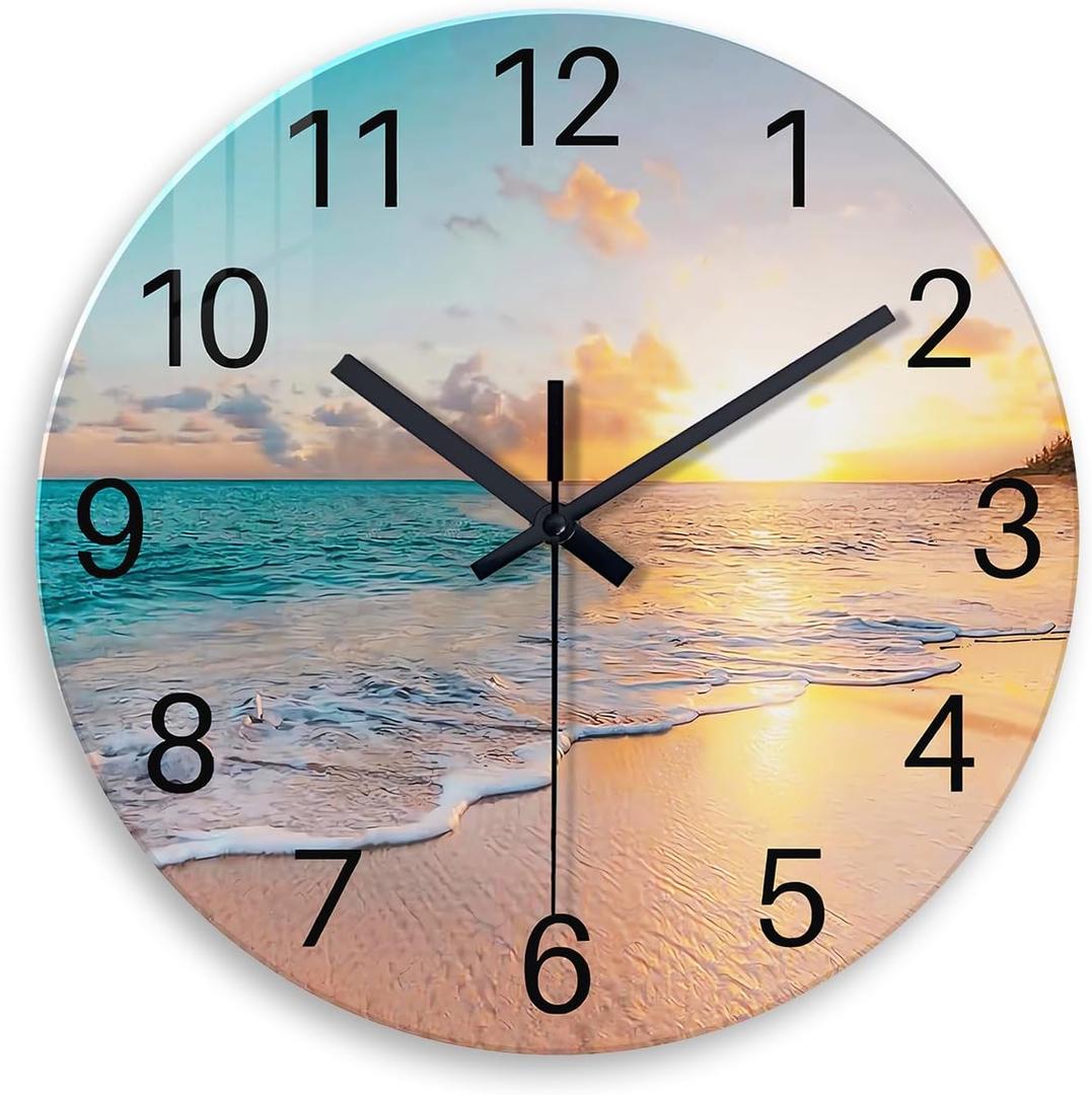 Analog Round Wall Clock for Living Room Decor Glass Blue Wall Clock Silent Beach Coastal Wall Clock Battery Operated 14 Inch