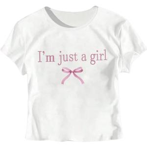 RoseSeek Girl's Graphic Tee Crew Neck Letter Bow Print Crop Tops Casual Cute Short Sleeve T Shirt (White)